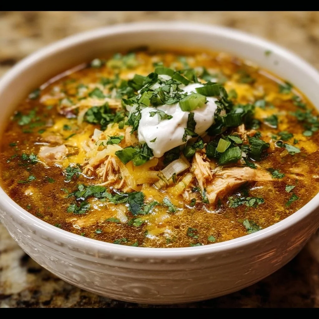 Delicious bowl of Chicken Enchilada Soup topped with cheese and cilantro