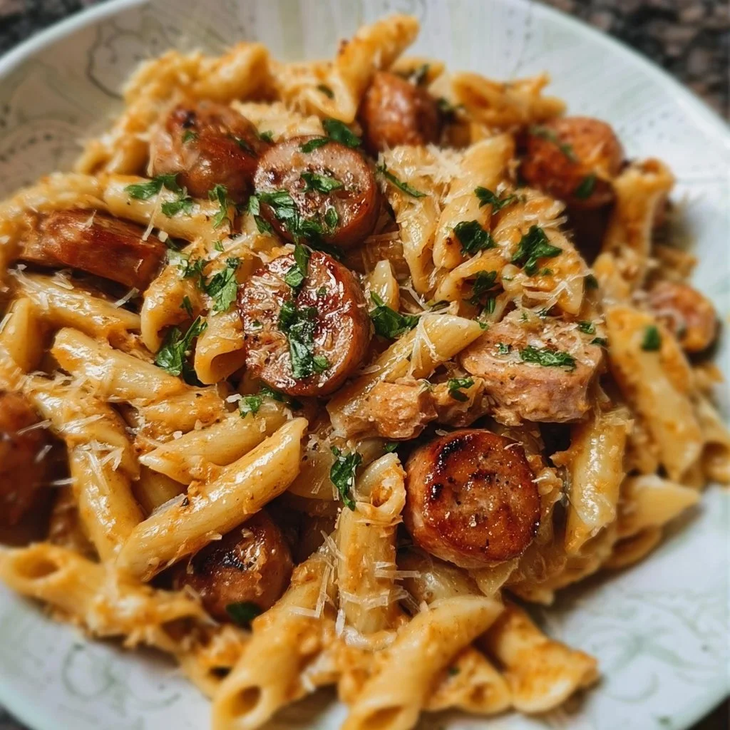 A bowl of flavorful chicken sausage pasta with fresh herbs and vegetables