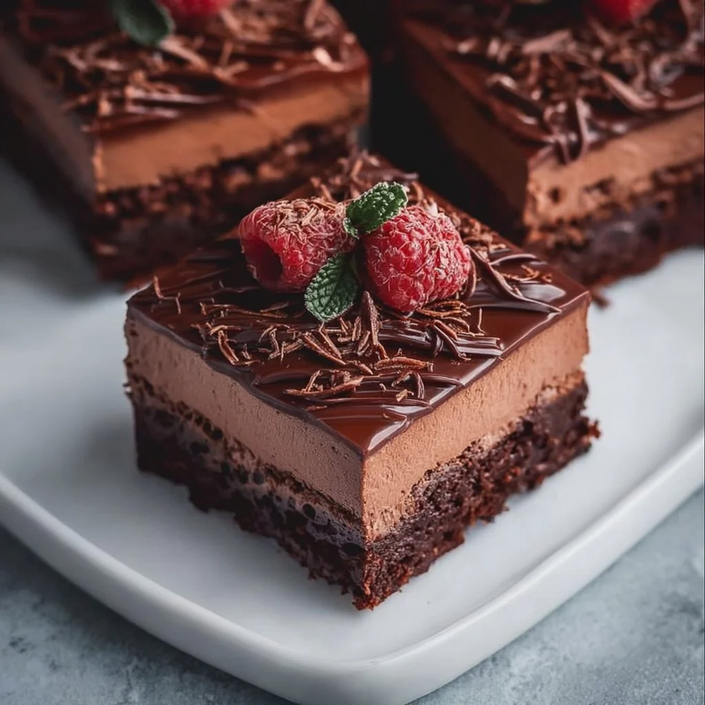 Delicious chocolate mousse brownies topped with a rich mousse layer