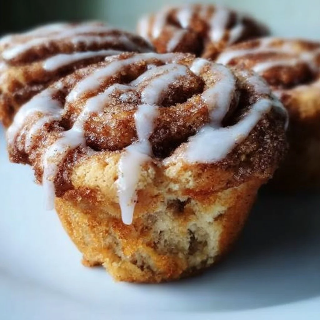 Freshly baked cinnamon roll muffins with icing on top