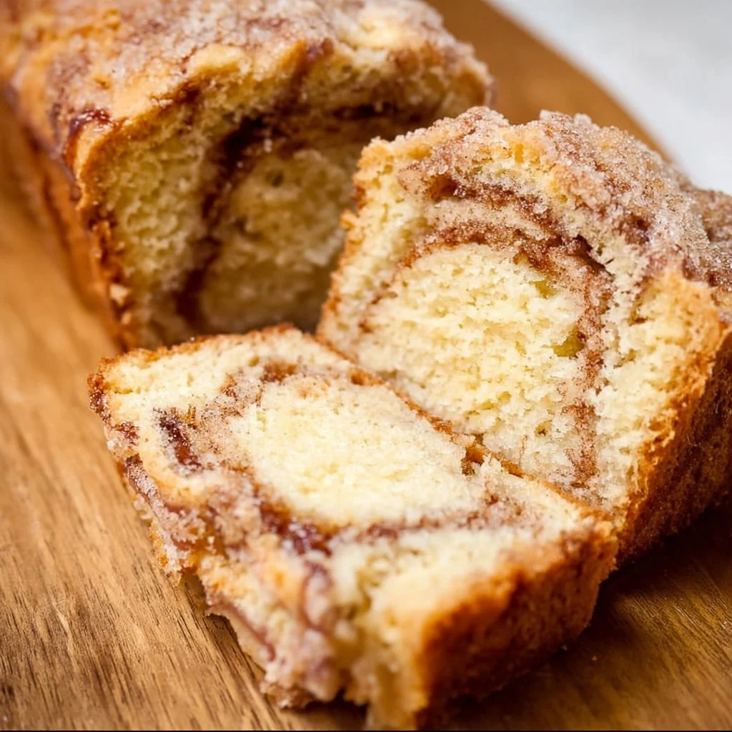 Freshly baked cinnamon swirl banana bread with a golden crust and swirls of cinnamon.