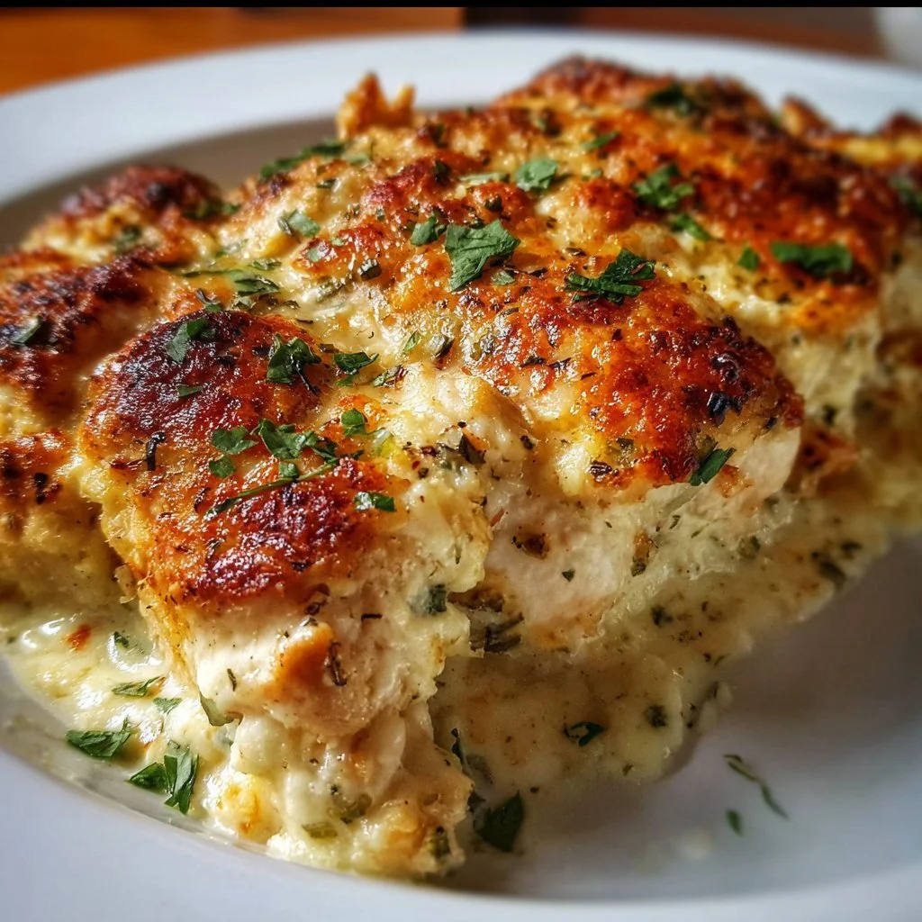 Cottage Cheese Chicken Bake with herbs and spices in a baking dish