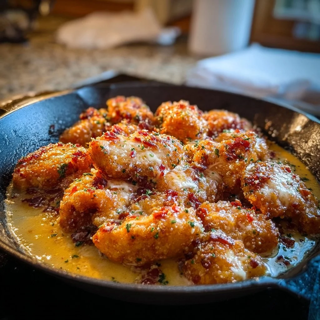 Cottage Cheese Parmesan Firecracker Chicken cooked in a skillet