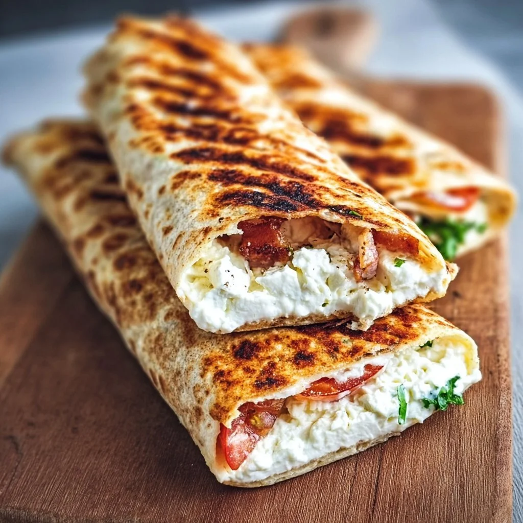 Healthy cottage cheese wraps filled with fresh vegetables and herbs