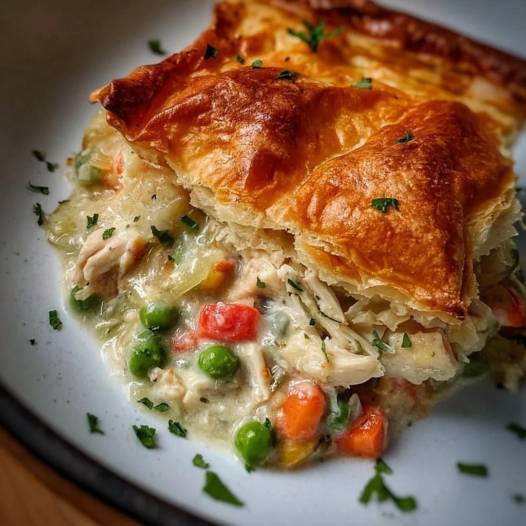 Deliciously baked cozy chicken pot pie topped with golden crust and fresh herbs.