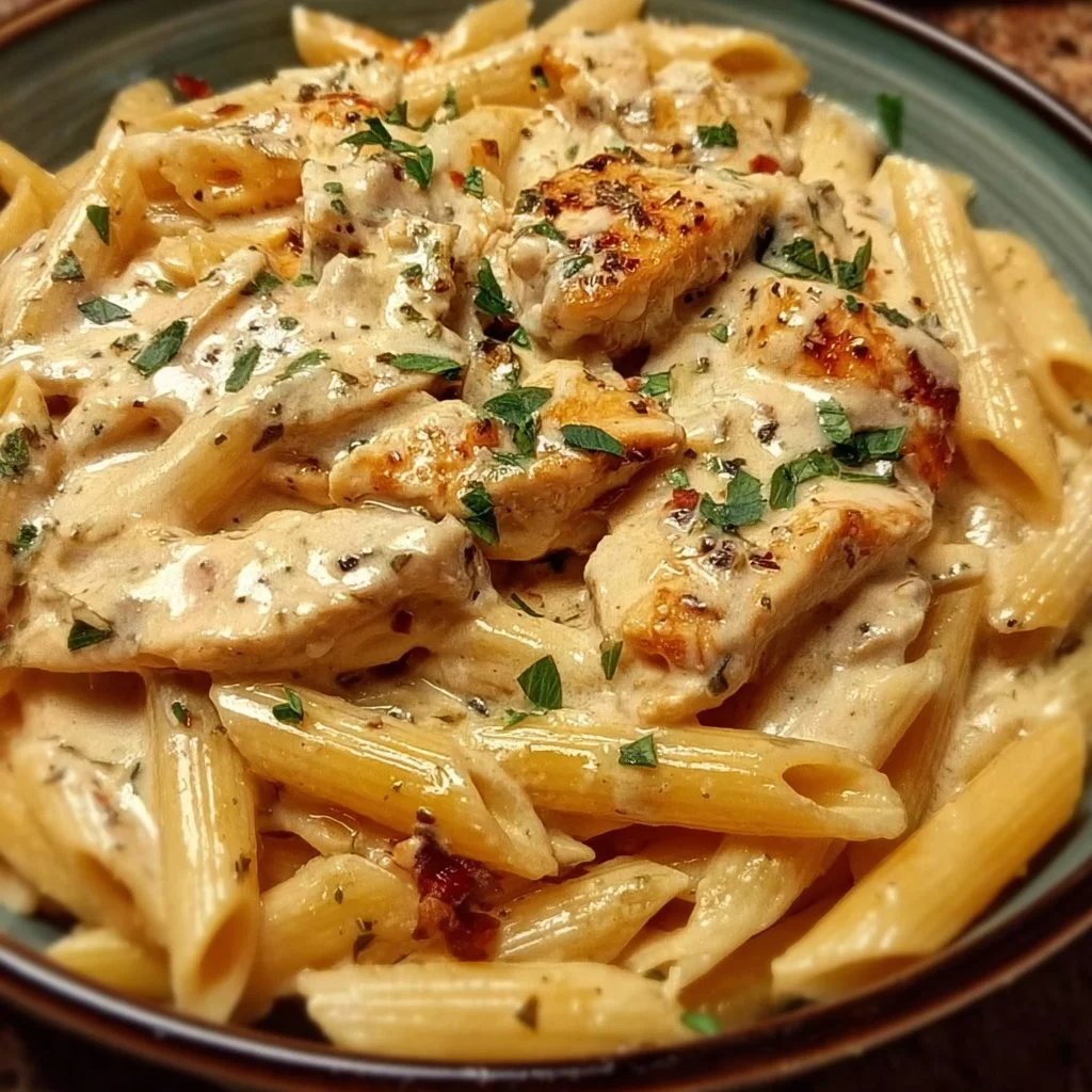 Delicious bowl of Crac Chicken Penne with creamy sauce and fresh herbs