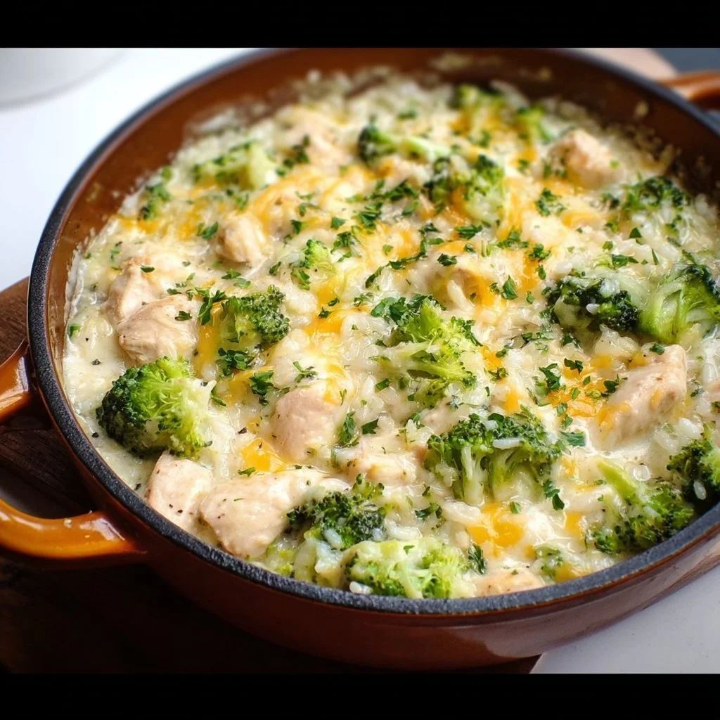 Creamy chicken casserole with broccoli and rice, a delicious comfort food dish.