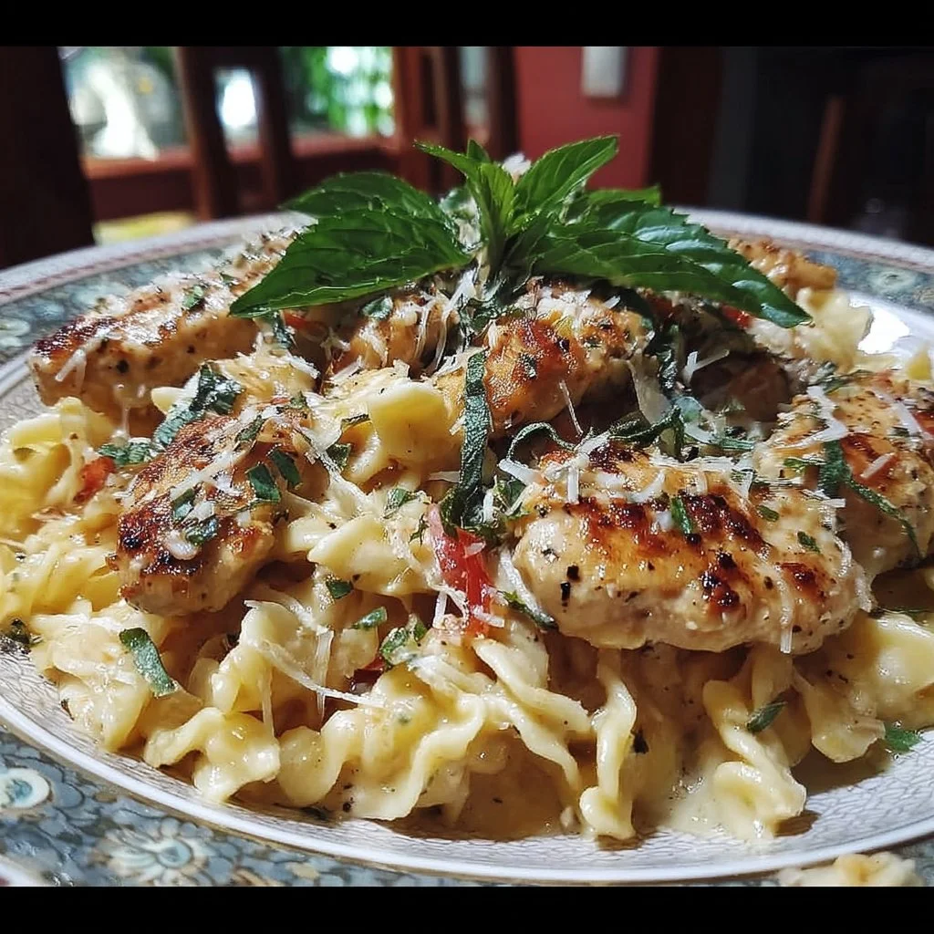 Creamy dairy free chicken pasta dish garnished with herbs