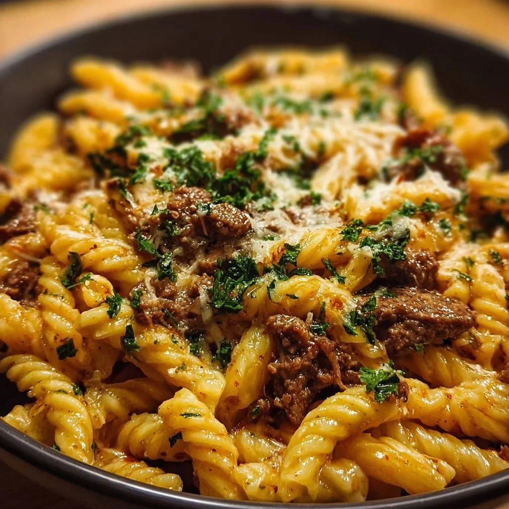 Creamy high protein beef pasta dish topped with herbs and cheese