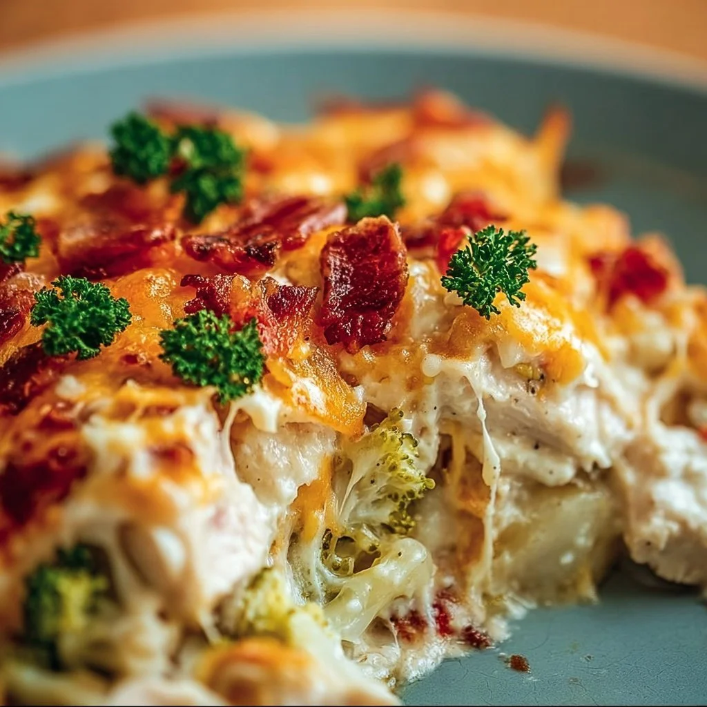 Creamy Low Carb Chicken Casserole 3 Creamy low carb chicken casserole baked in a dish with vegetables on top.