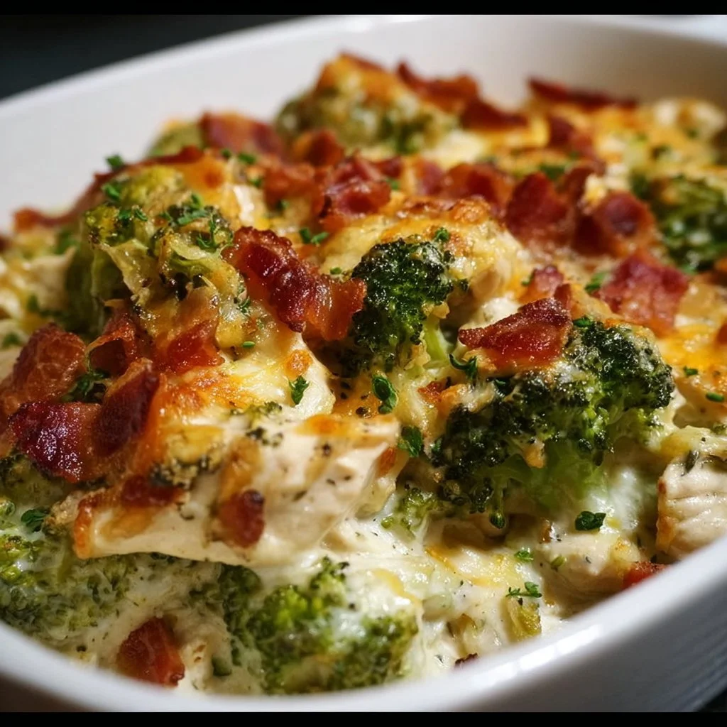 Creamy low carb chicken casserole with broccoli and bacon