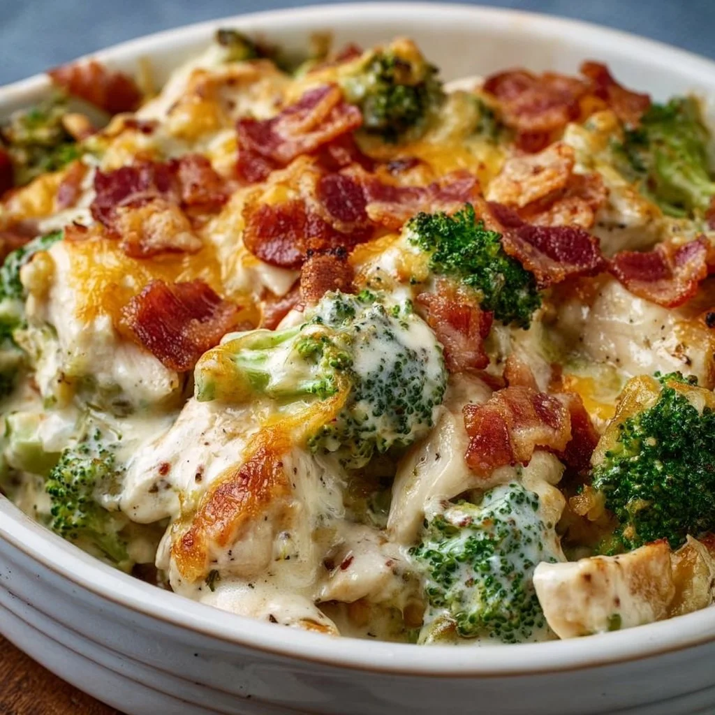 Creamy Low Carb Chicken Casserole with Broccoli and Bacon