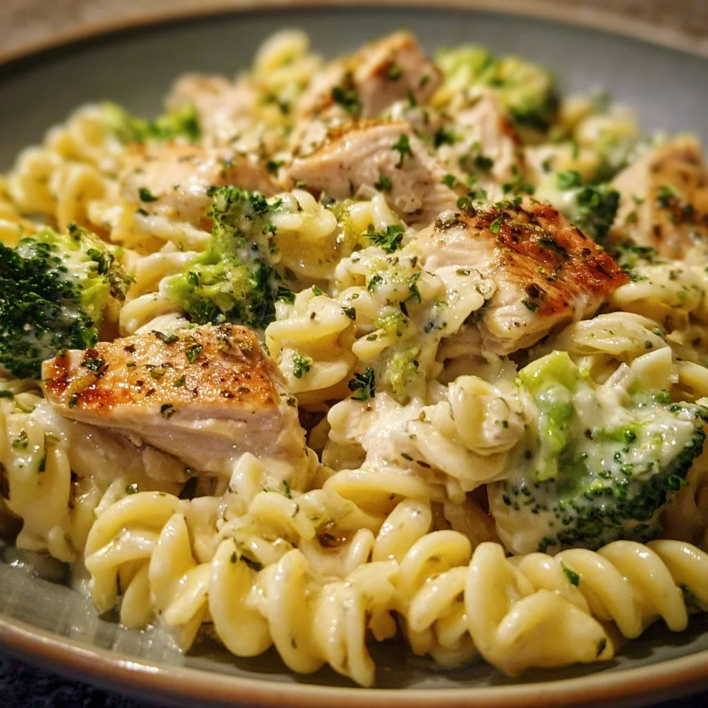 Creamy Rotisserie Chicken Broccoli Pasta 3 Creamy rotisserie chicken pasta with broccoli in a white bowl