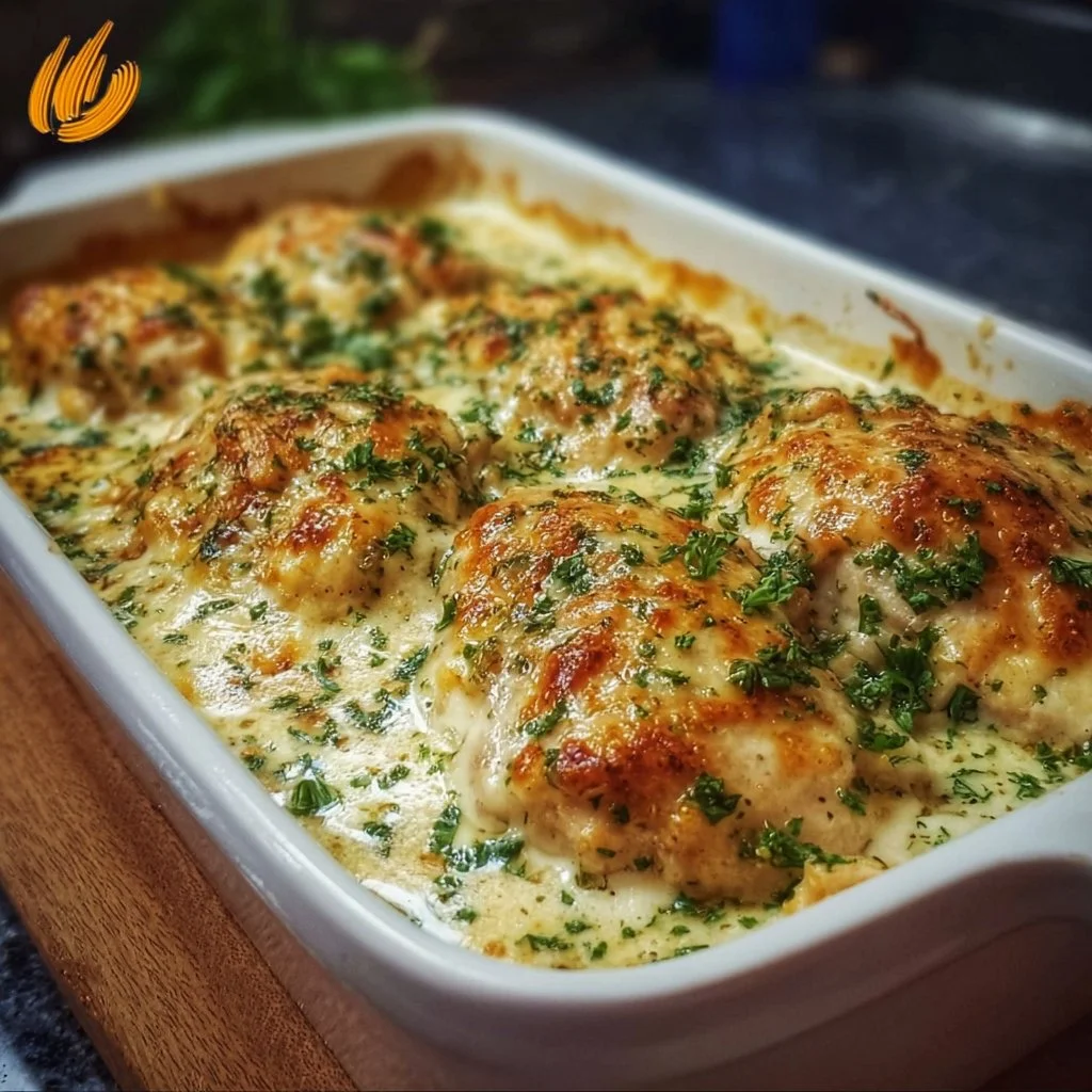 Creamy Sour Cream Chicken Bake served with herbs and vegetables