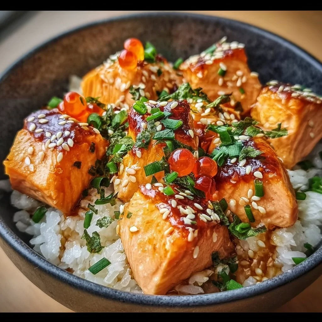 Crispy Salmon and Rice Bowl 3 Crispy salmon and rice bowl topped with fresh vegetables