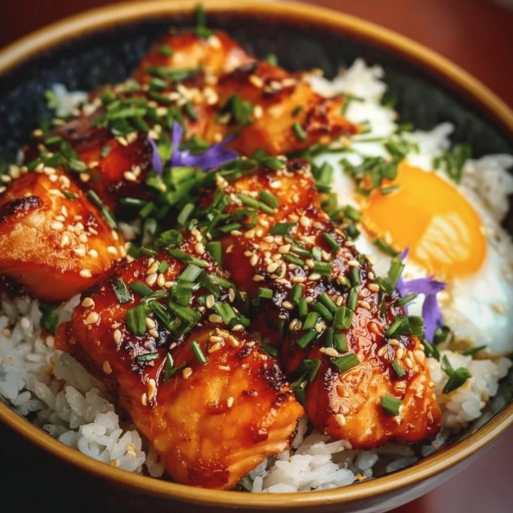 Crispy Salmon and Rice Bowl 3 Crispy salmon rice bowl topped with fresh vegetables and sauce