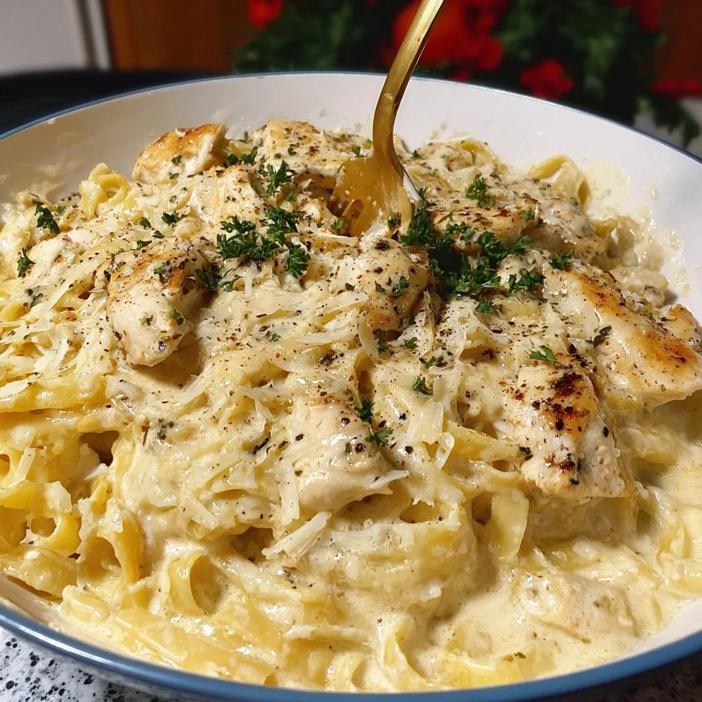 Dairy free Chicken Alfredo served with parsley and garlic bread on a plate