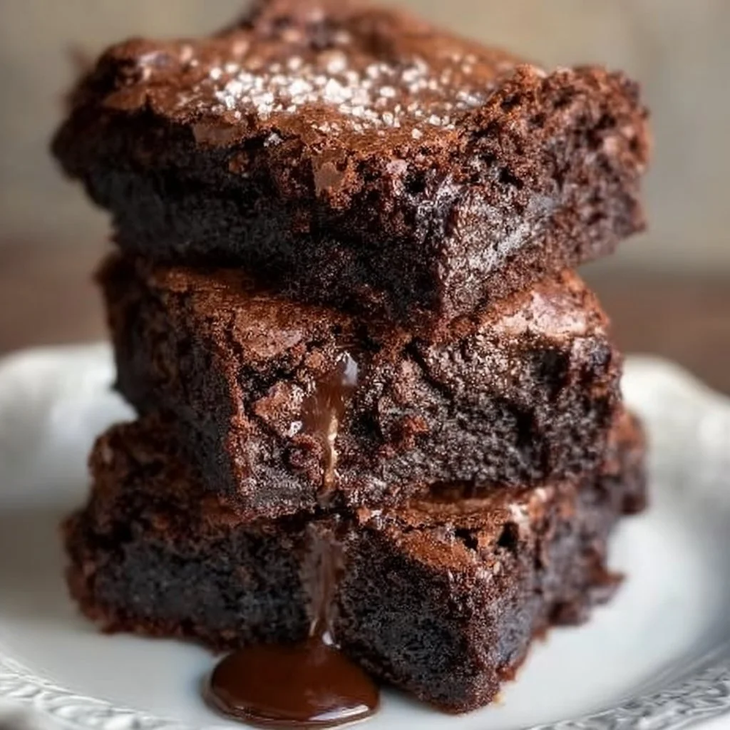 Decadent gluten-free chocolate brownies on a plate with chocolate drizzle.