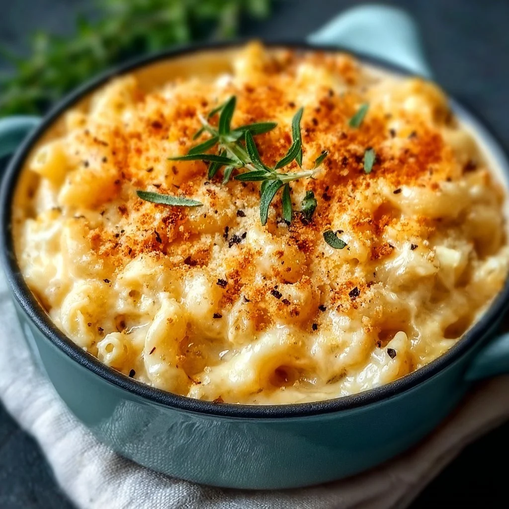 Bowl of low calorie high protein mac and cheese topped with herbs.