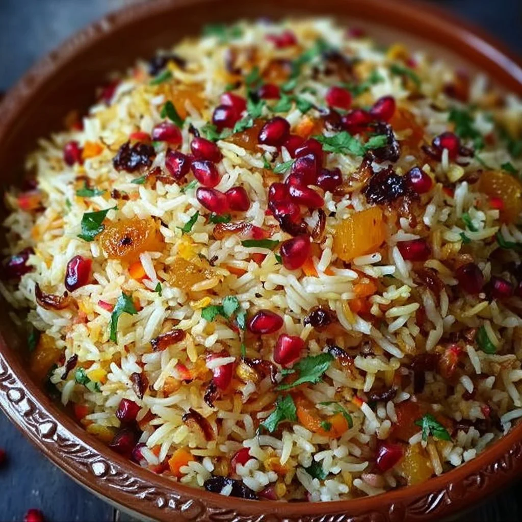 Vibrant bowl of Persian Jeweled Rice with nuts and dried fruits