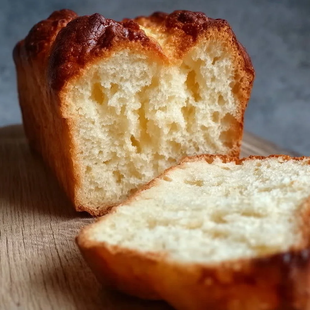 Freshly baked zero carb yogurt bread on a wooden cutting board
