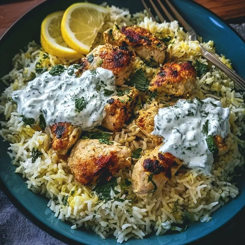 Baked Chicken Tzatziki Rice dish served in a bowl with fresh herbs