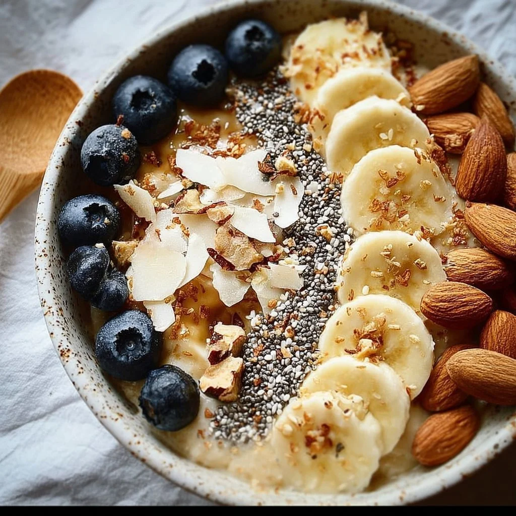 Gluten-free banana almond breakfast bowl topped with fresh fruits and nuts.