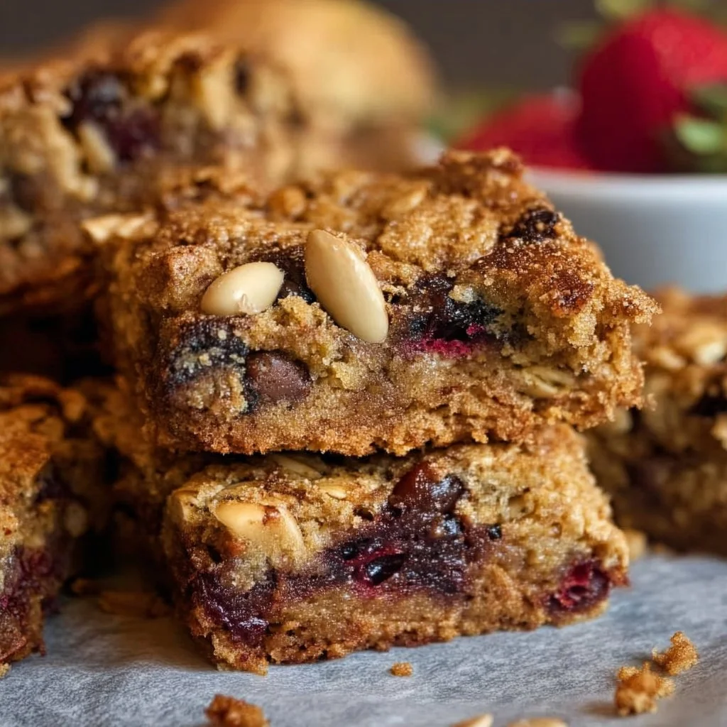 Homemade gluten free breakfast bar on a wooden table with fruits