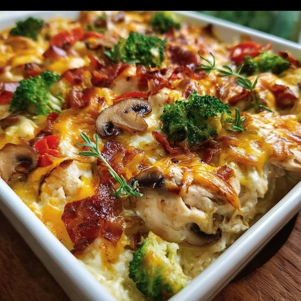 Delicious low carb chicken casserole topped with cheese and vegetables