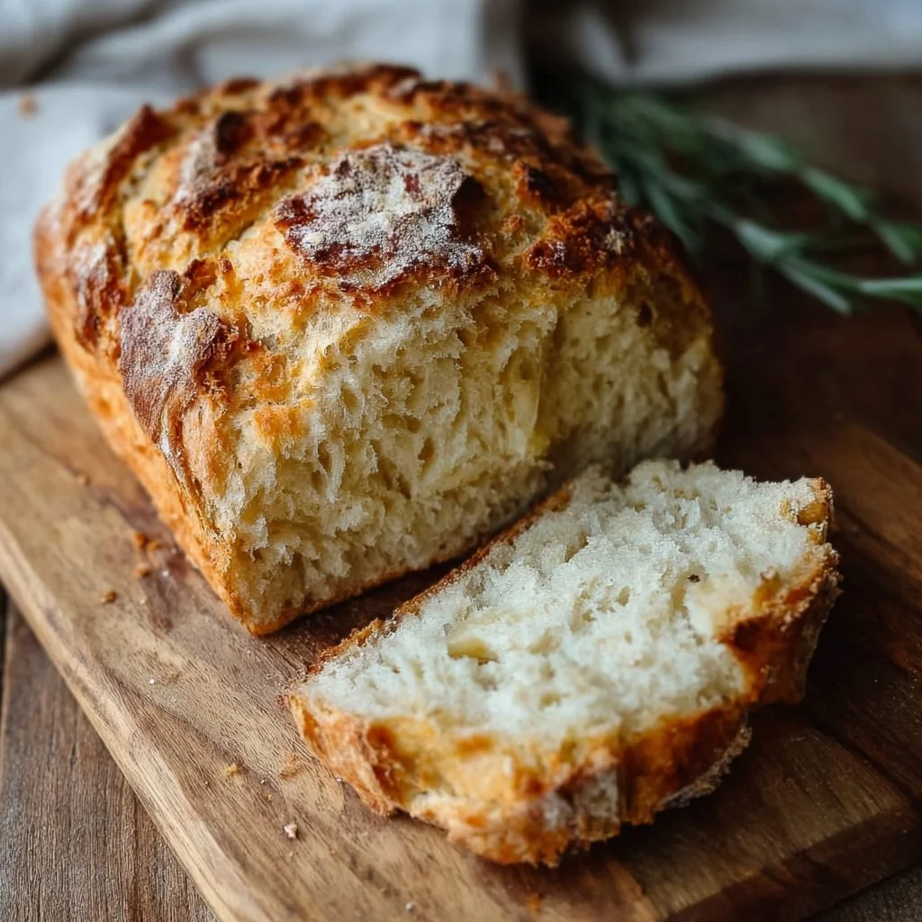A loaf of easy no-knead gluten-free bread ready to be sliced and enjoyed.