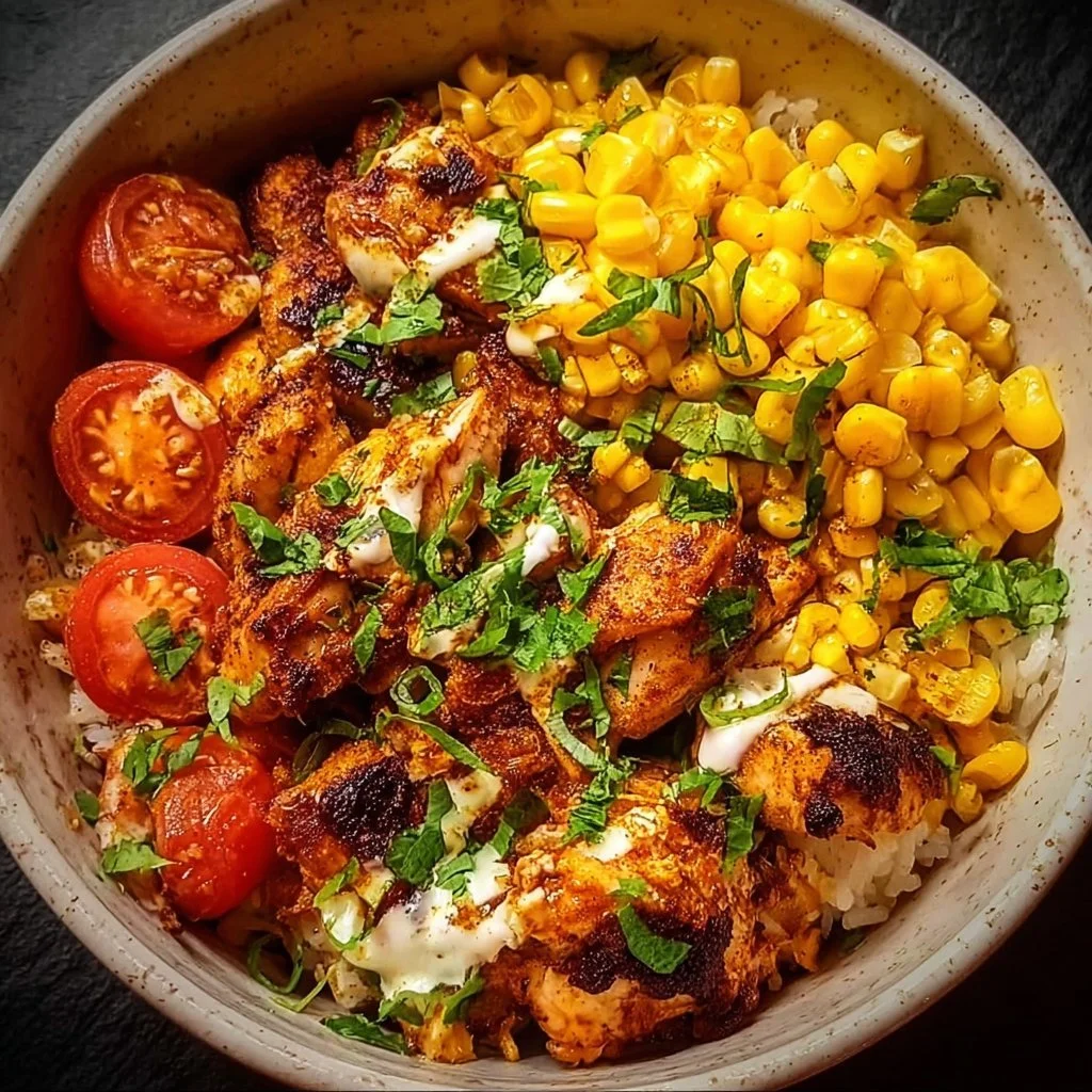 Easy Street Corn Chicken Bowl 3 Easy Street Corn Chicken Bowl topped with fresh ingredients
