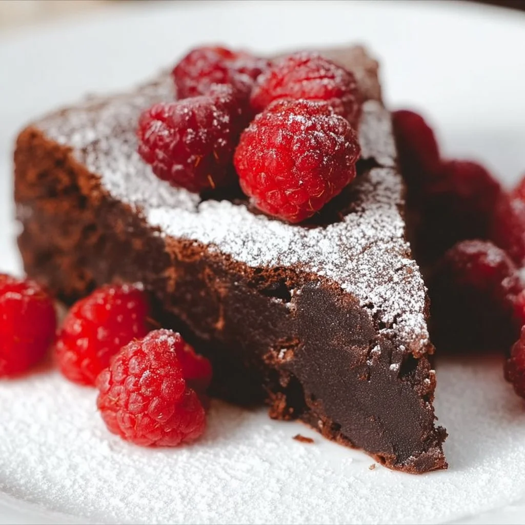 Delicious flourless chocolate cake topped with chocolate ganache and berries