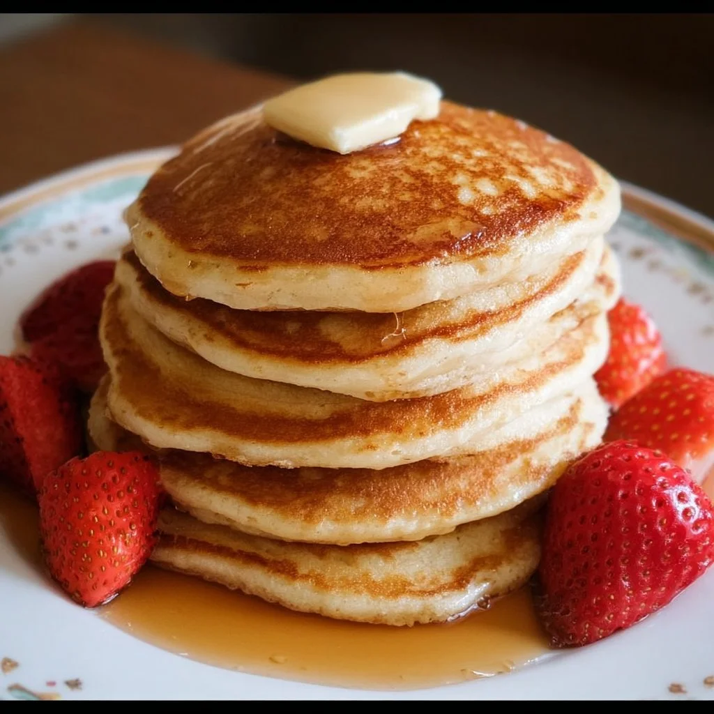 Stack of fluffy gluten-free pancakes drizzled with syrup and topped with berries