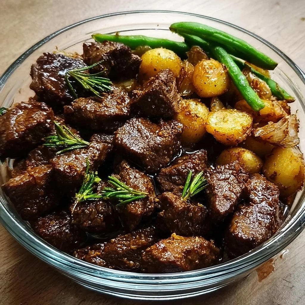 Garlic Balsamic Steak Bites 3 Garlic Balsamic Steak Bites served with herbs and garlic sauce