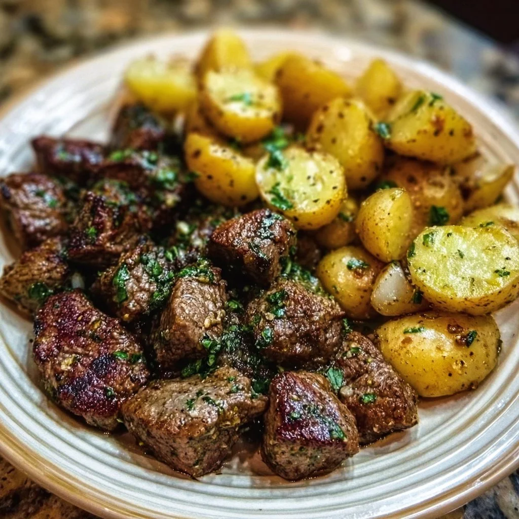 Delicious Garlic Butter Beef Bites served with crispy potatoes
