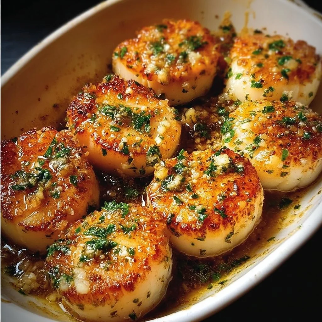 Delicious garlic butter scallops served with fresh herbs and lemon.
