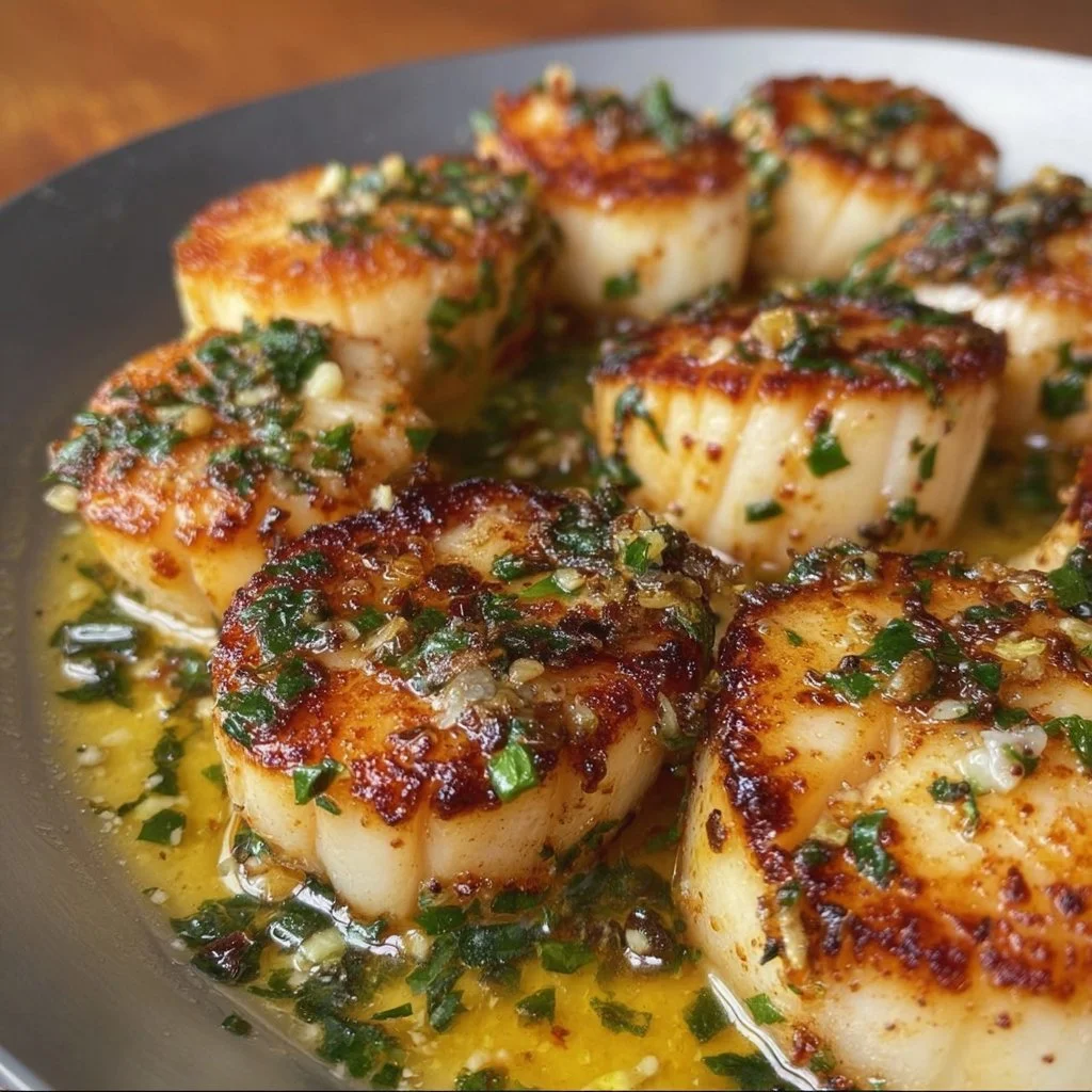 Delicious garlic butter scallops prepared in a pan for a gourmet meal