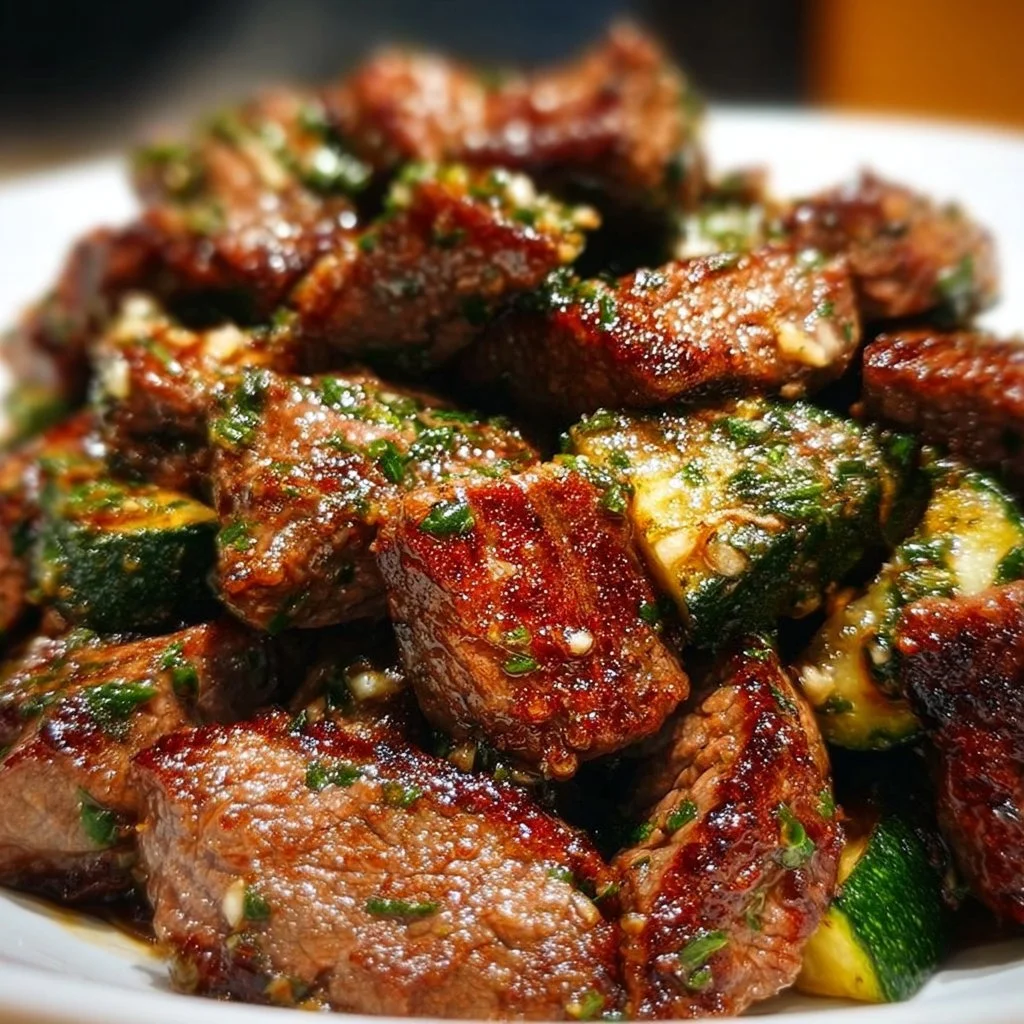 Garlic Butter Steak Bites 3 Delicious Garlic Butter Steak Bites served on a plate