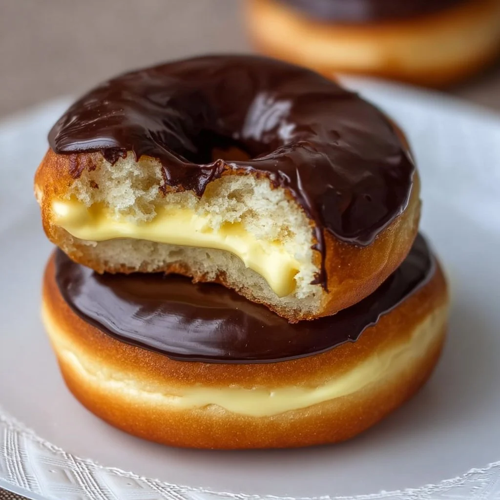 Gluten-Free Air Fryer Boston Cream Donuts 3 Gluten-free air fryer Boston Cream donuts topped with chocolate glaze and creamy filling