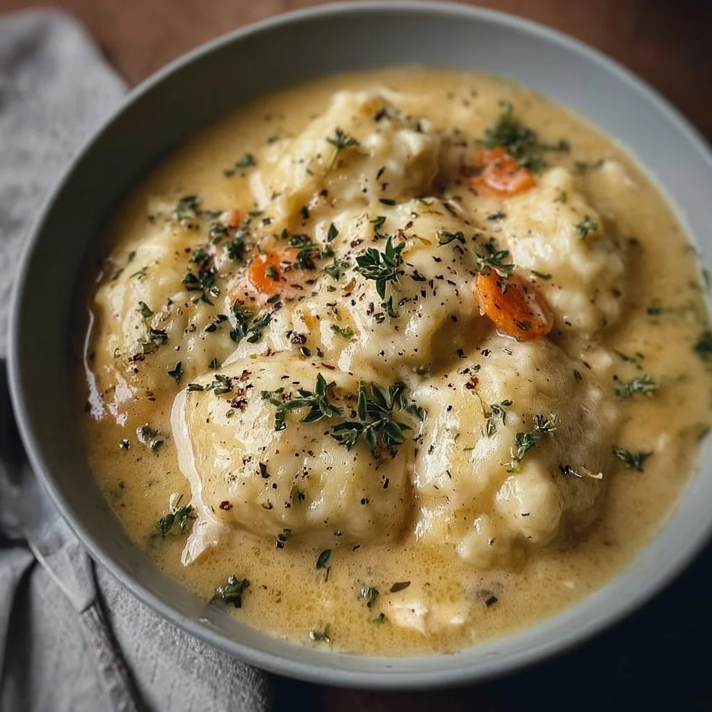 Gluten Free Chicken and Dumplings 3 Gluten Free Chicken and Dumplings served in a bowl with herbs