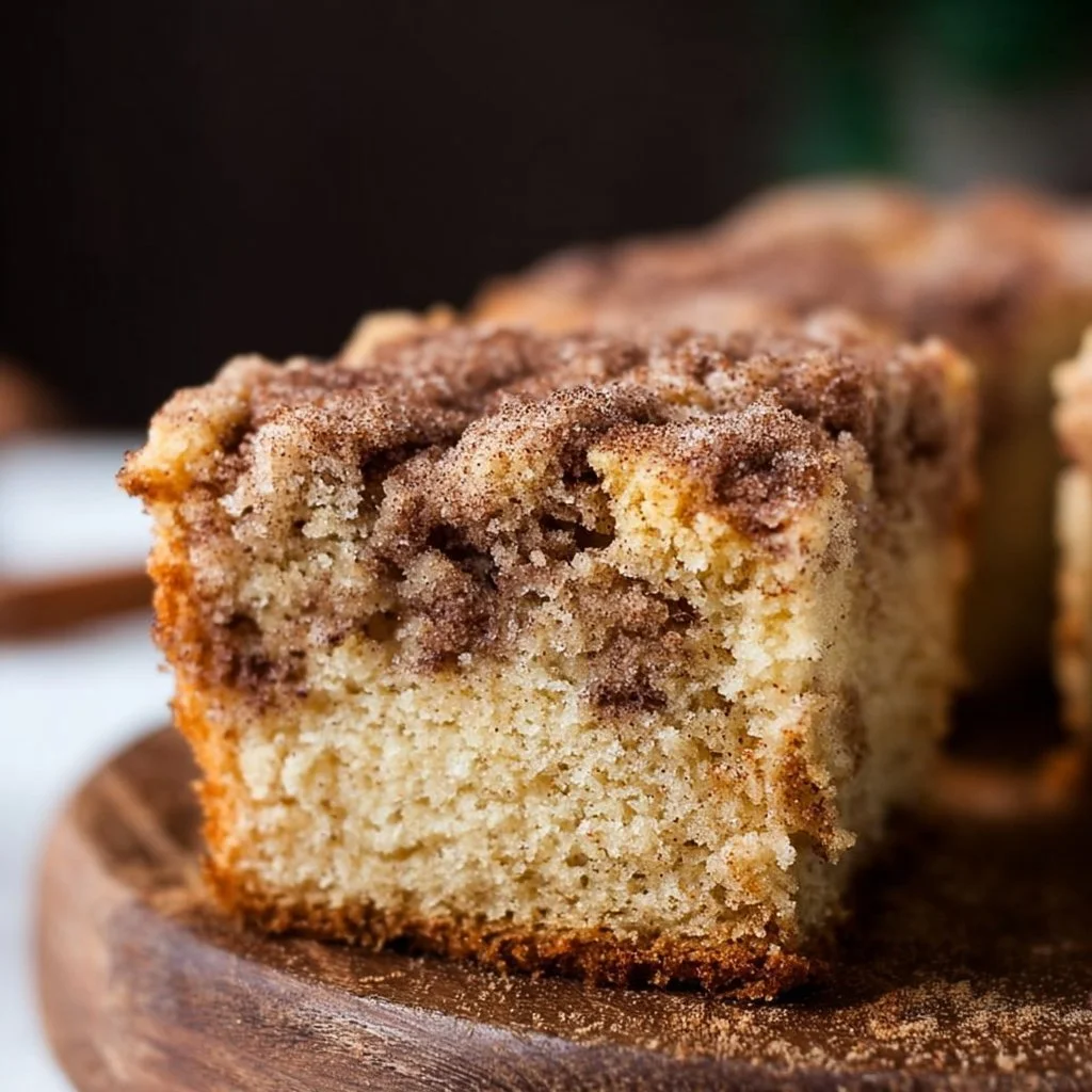 Slice of gluten-free cinnamon coffee cake on a plate with a cup of coffee.