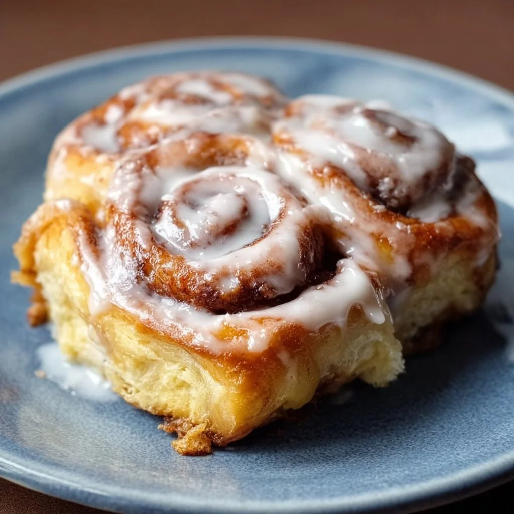 Gluten-free cinnamon rolls topped with cream cheese icing on a wooden table