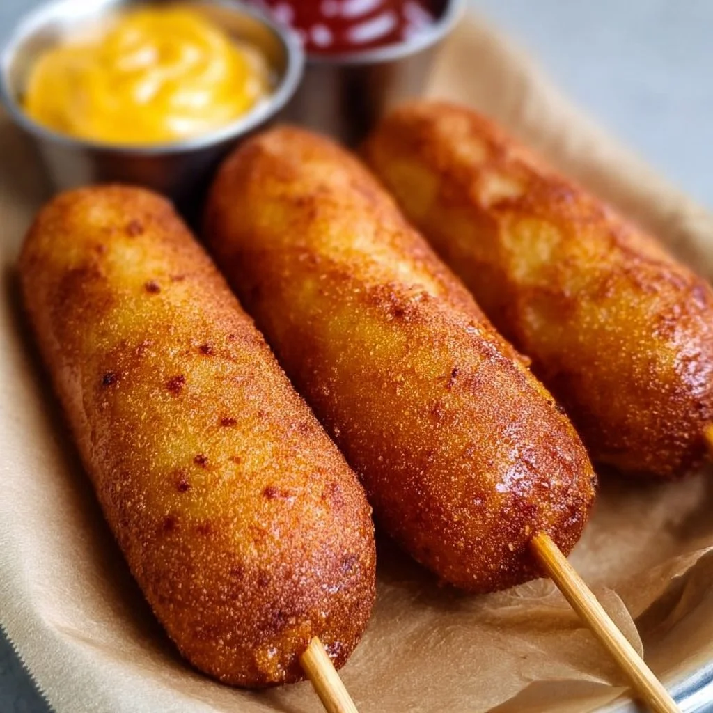 Delicious gluten-free corn dogs served with mustard and ketchup