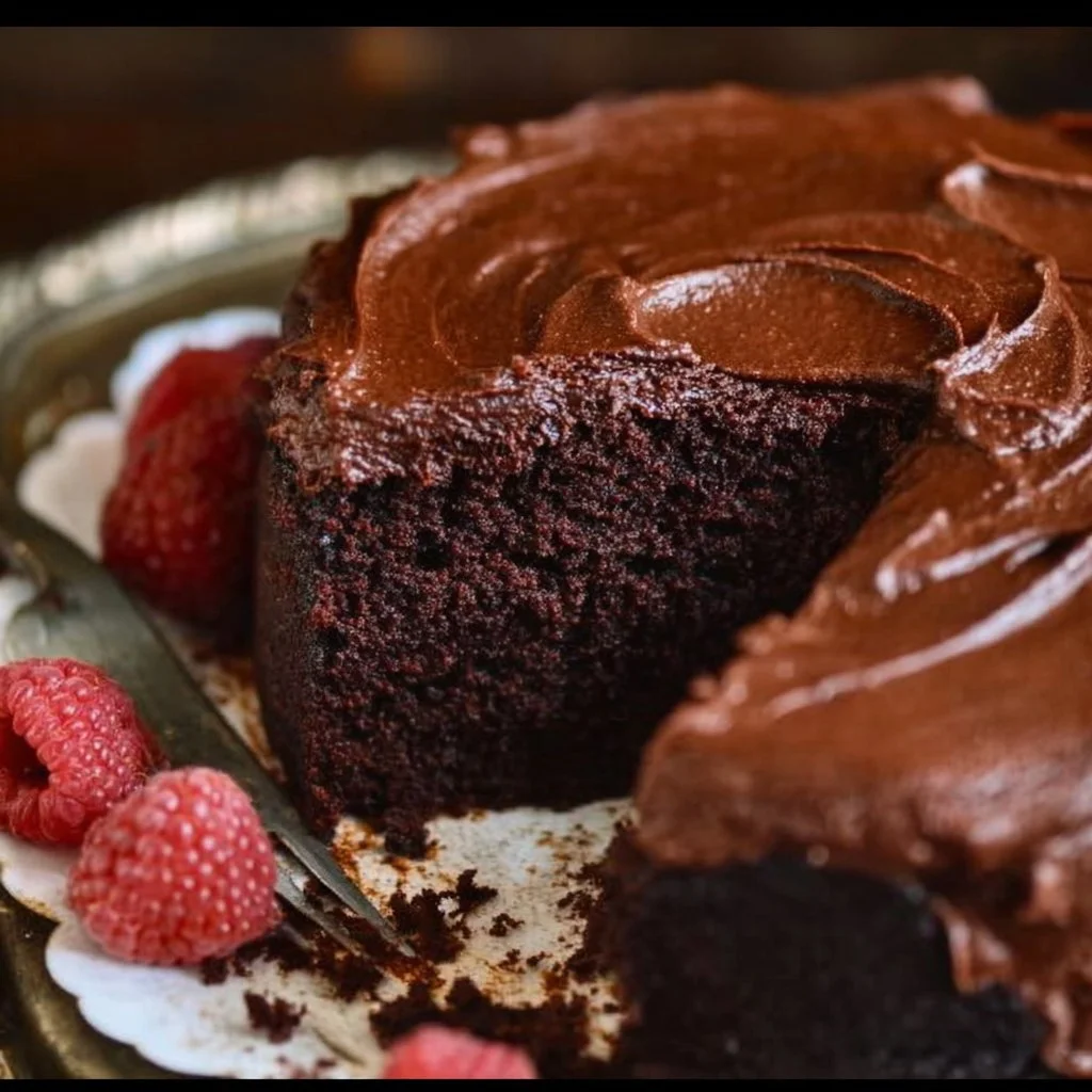 Gluten free dairy free chocolate cake slice on a plate