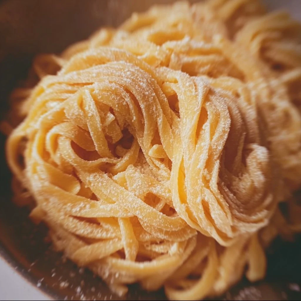 Bowl of gluten-free egg noodles ready to be served with fresh vegetables