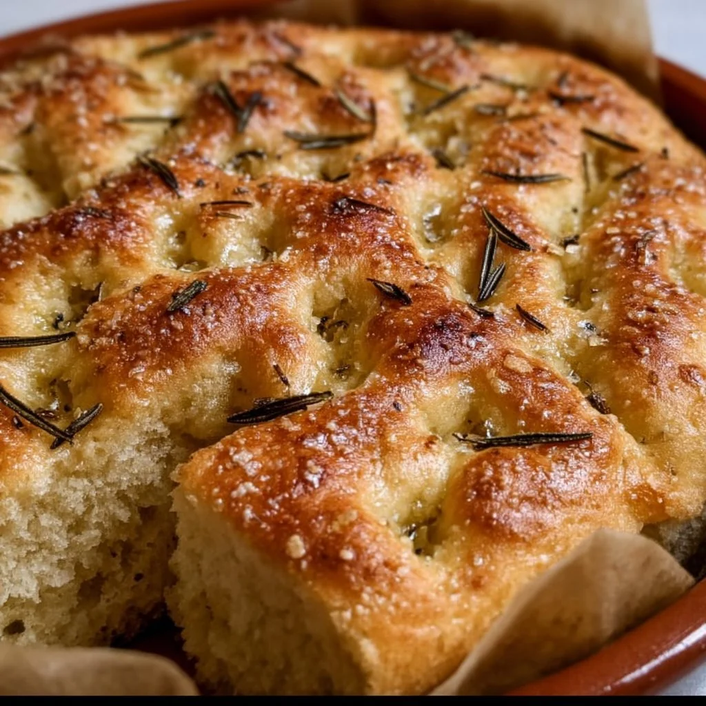 Freshly baked gluten-free focaccia bread with herbs on a wooden table.