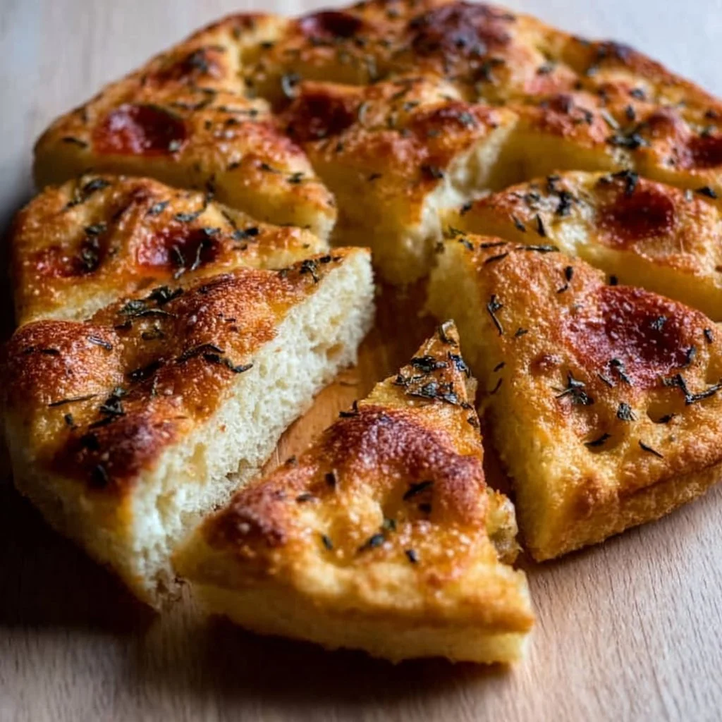Freshly baked gluten free focaccia bread topped with herbs and olive oil