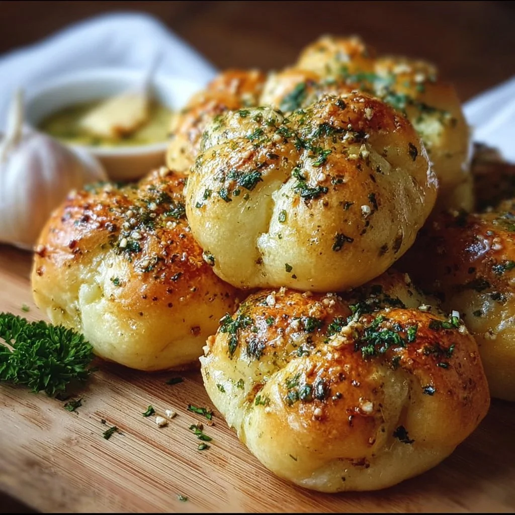 Freshly baked gluten free garlic knots garnished with herbs.