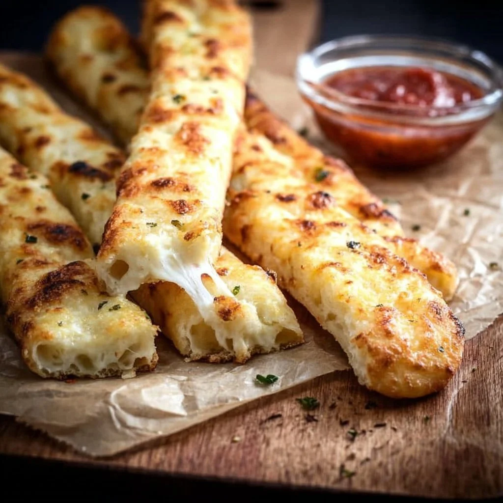 Gluten Free Garlic Pizza Breadsticks served on a wooden table with marinara sauce