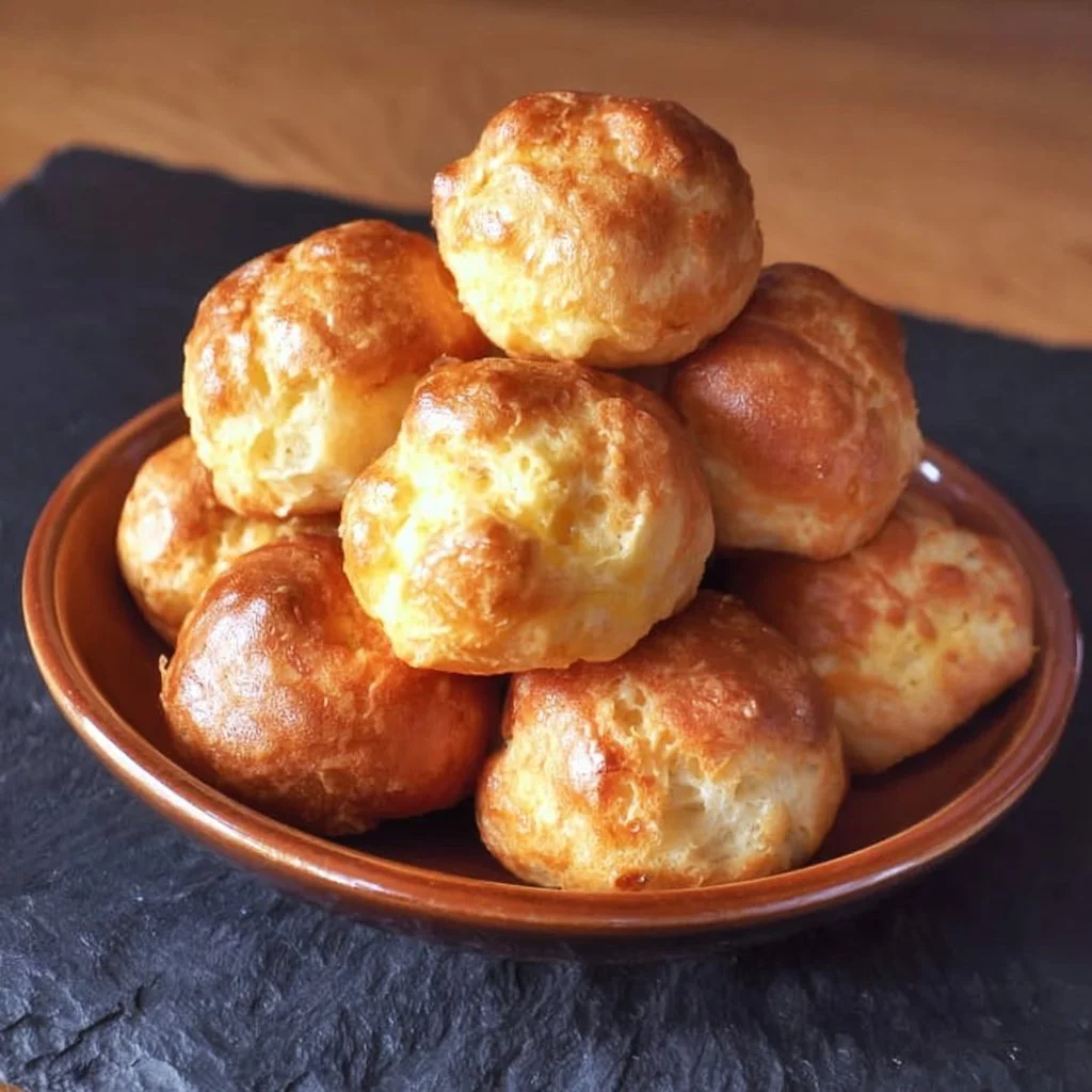 Gluten-free gougères served on a plate, topped with cheese.